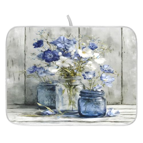 Vintage Blue White Flower Jars3 Dish Drying Mat for Kitchen Counter Absorbent Microfiber Large Drying Pad Dish mats for Kitchen Countertops 18 x 24 Inch