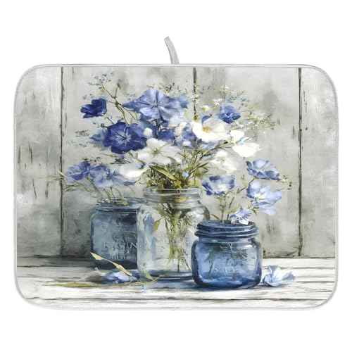 Vintage Blue White Flower Jars3 Dish Drying Mat for Kitchen Counter Absorbent Microfiber Small Drying Pad Dish mats for Kitchen Countertops 16 x 18 Inch