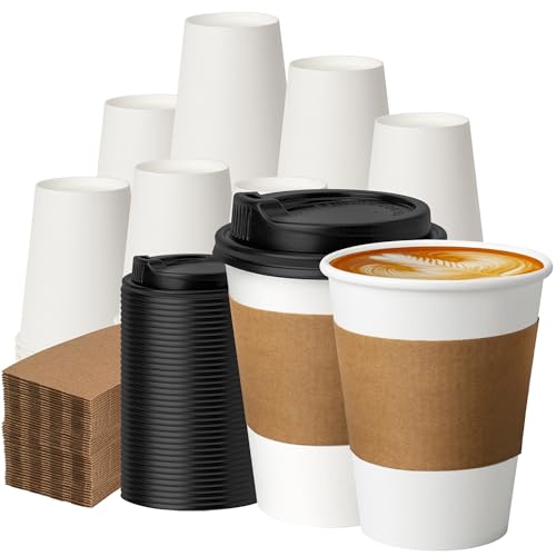 100 Pack 12 oz Disposable Coffee Cups with Lids and Sleeves (100 Count)