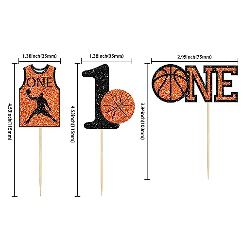 24Pcs Basketball One Cupcake Toppers Glitter Number 1 First Birthday Basketball Cupcake Picks for Sports Theme Baby Shower Kids 1st Birthday Party Cake Decorations Supplies (24 Count)