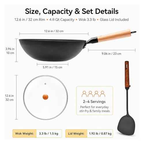 12.6 Inch Carbon Steel Wok Pan with Glass Lid and Spatula