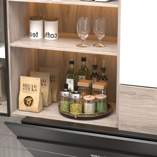 12 Inch Oak Lazy Susan Spice Organizer with Gold Metal Rail