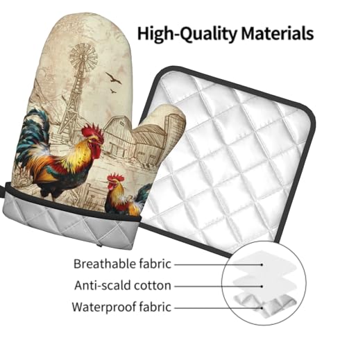 Farm Rooster Oven Mitts and Pot Holder Set of 2 Rustic Chicken Kitchen Potholders Heat Resistant Oven Glove for Baking Cooking Grilling BBQ