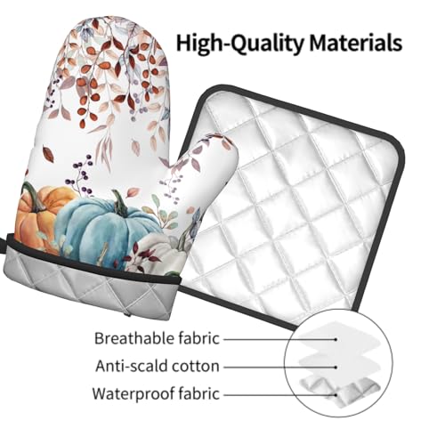 Fall Orange Pumpkin Oven Mitt Potholders Sets Eucalyptus Leaves Heat Resistant Oven Glove Set of 2 Kitchen Hot Pads for Cooking Baking BBQ
