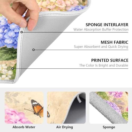 Vintage Flowers Spring Summer Dish Drying Mat for Kitchen Counter Absorbent Microfiber Hydrangea Butterfly Large Drying Pad Dish mats for Kitchen Countertops 18 x 24 Inch