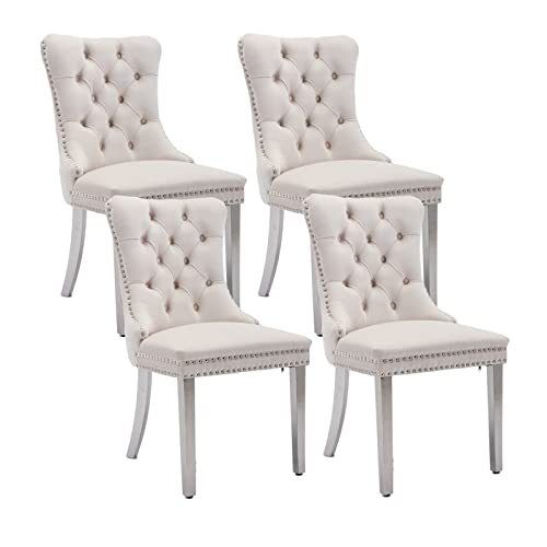 Beige Velvet Dining Chairs Set of 4 (4 Count)