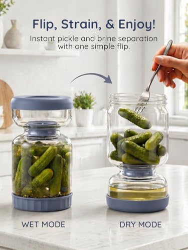 Pickle Jar with Strainer Flip for Pickle Juice Separator from Wet and Dry