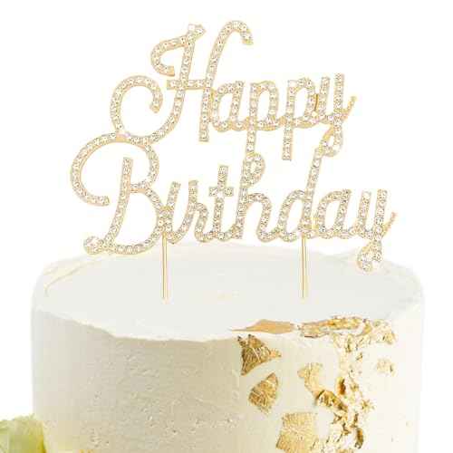 Gold Happy Birthday Cake Topper Rhinestones Cake Decorations for Birthday Party