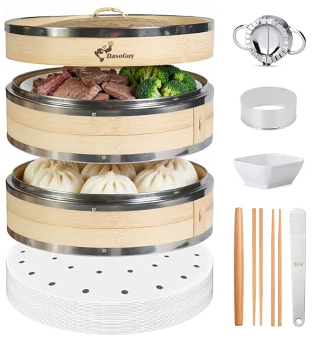 Bamboo Steamer Basket with Stainless Steel Rim 10 Inch Dumpling Steamer Kit