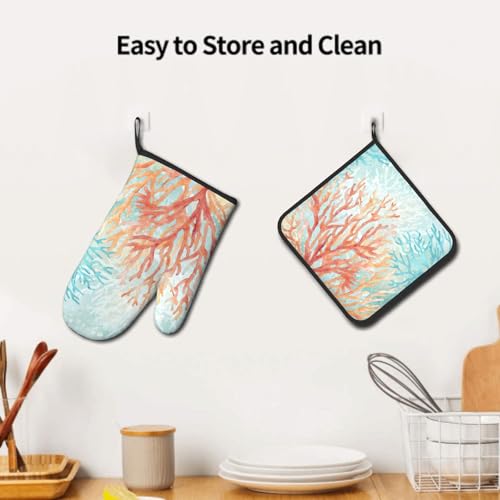 Coastal Coral Oven Mitts and Pot Holder Set of 2 Beach Ocean Heat Resistant Kitchen Oven Mittens Potholders for Baking Cooking Grilling BBQ