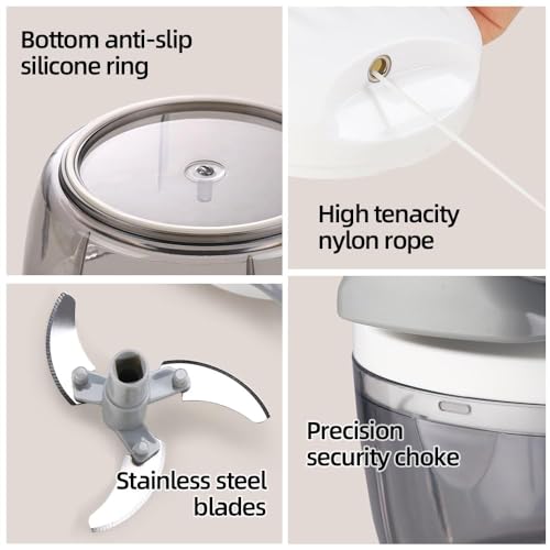 Manual Food Processor Vegetable Chopper 2.3 Cup Small Mini Hand Pull String Onion Chopper Garlic Mincer Cutter with 3 Stainless Steel Blades