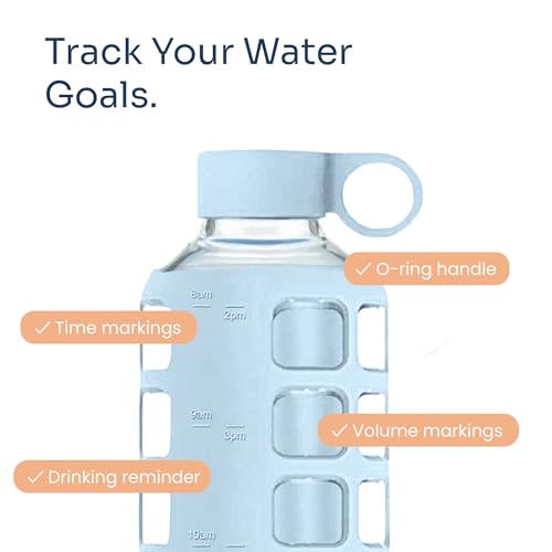 40oz / 32oz / 22oz / 12oz Borosilicate Glass Water Bottle with Time & Volume Markers, Silicone Sleeve, Stainless Steel Lid | Reusable Glass Bottle for Water & Juice (40oz Ice Blue)