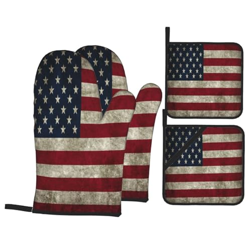 Retro American Flag Oven Mitts and Pot Holders Sets of 4 High Heat Resistant Oven Mitts with Oven Gloves and Hot Pads Polyester Potholders for Kitchen Baking Grilling Non