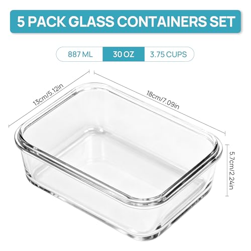 5Pack 30oz Glass Meal Prep Container Sets with Lids (5 Count)