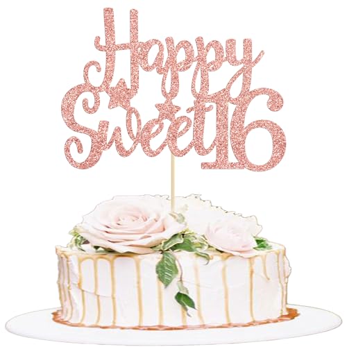 1Pc Happy Sweet 16 Cake Topper Rose Gold Glitter Sweet 16 Birthday Decorations Happy 16th Birthday Decorations for Girls Boys