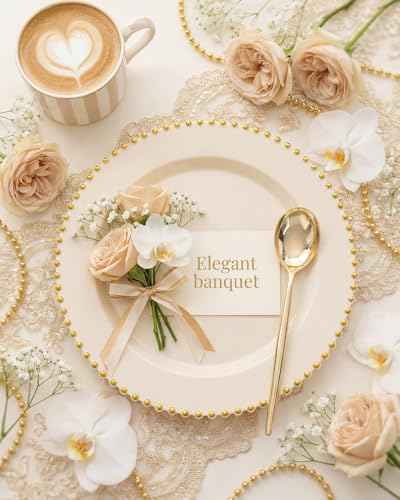 180Pcs Elegant Ivory Gold Plastic Dinnerware Set for Wedding (180 Count)