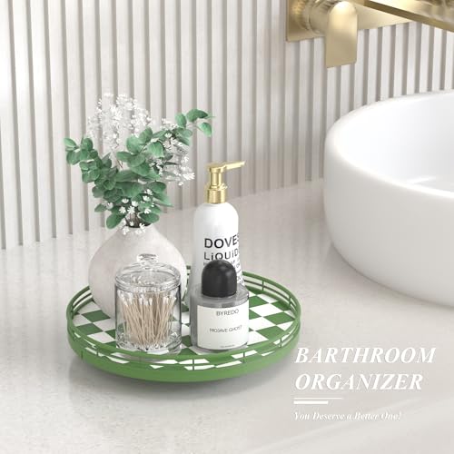 Green and White Checkerboard Lazy Susan with Rubberwood Base and Metal Rail