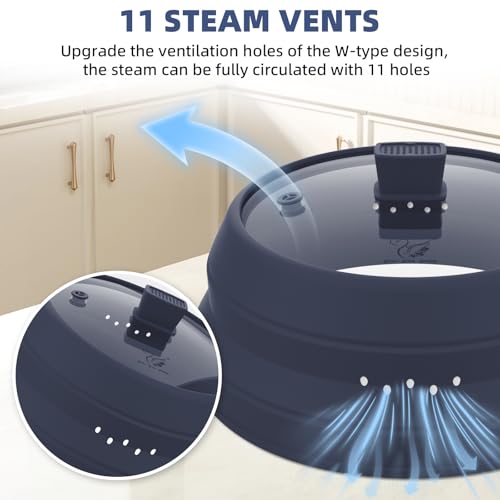 Tall Microwave Splatter Cover Glass Cover Guard Lid 5.8 inch Height with Collapsible Silicone for Food Pot Plate 10.8 inch Dark Blue