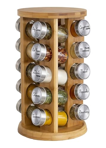 20 Jar Rotating Bamboo Spice Rack with Spices Included & 5