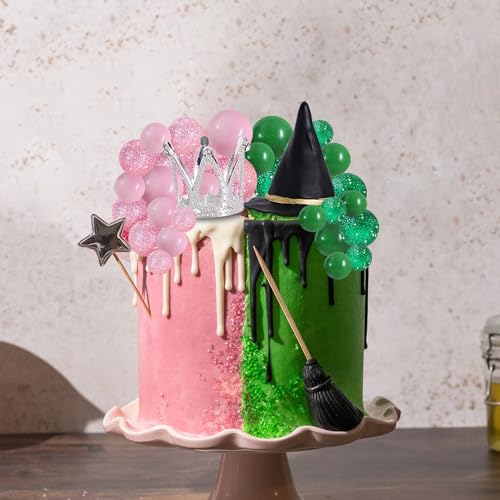 42 pcs Foam Ball Cake Toppers with Witch Hat and Crown Decorations Cake Decorations for Witch Theme Party Decor Pink and Green Decorations Supplies (42 Count)