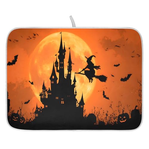 Halloween Witch Bat Castle Pumpkin Dish Drying Mat for Kitchen Counter Absorbent Microfiber Large Drying Pad Dish Mats for Kitchen Countertops 18 x 24 Inch