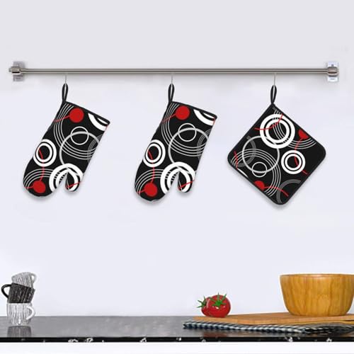 Modern Black Red Retro Oven Mitts and Pot Holders Sets of 3 (3 Count)
