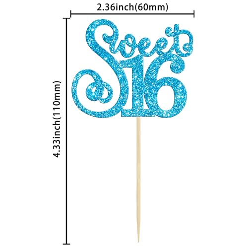 24 Pack 16th Birthday Cupcake Toppers Glitter Sixteen Happy Sweet 16 Cupcake Picks Cheers to 16 Years Old Cupcake Decorations for 16th Birthday Anniversary Party Supplies Light Blue (24 Count)