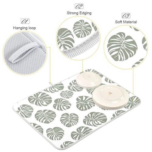 Green Palm Monstera Leaves Dish Drying Mat for Kitchen Counter Absorbent Microfiber Drying Pad