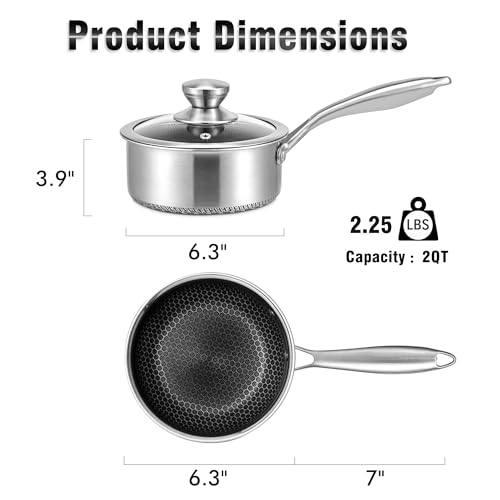 Hybrid Nonstick 2 Quart Stainless Steel Saucepan with Glass Lid