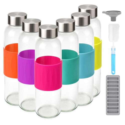 18 oz Glass Juice Bottles with Stainless Steel Lid Leak Proof 6 Pack (6 Count)