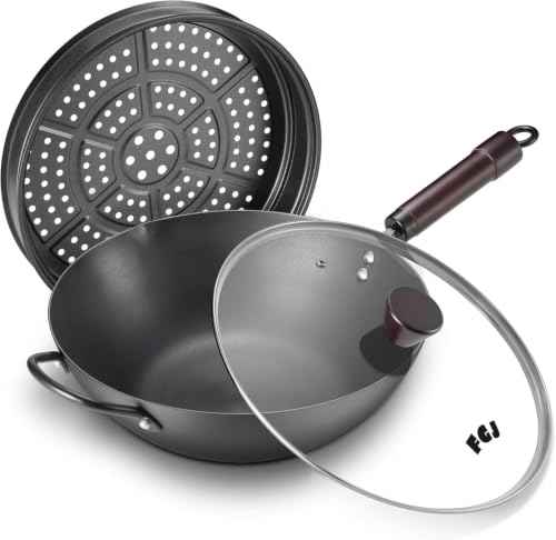 Wok 13 Inch carbon steel wok pan with steamer & stir