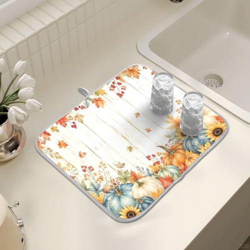 Thanksgiving Dish Drying Mat for Kitchen Counter Absorbent Microfiber Pumpkin Sunflower Fall Autumn Large Drying Pad Dish Mats for Kitchen Countertops 18 x 24 Inch