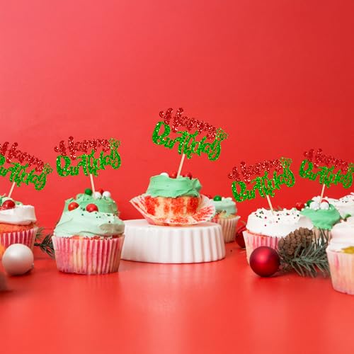 24Pcs Happy Birthday Cupcake Toppers Double Layer Glitter Happy Birthday Cake Decorations for Christmas Theme Baby Shower Anniversary Party Decorations Supplies Red Green (24 Count)