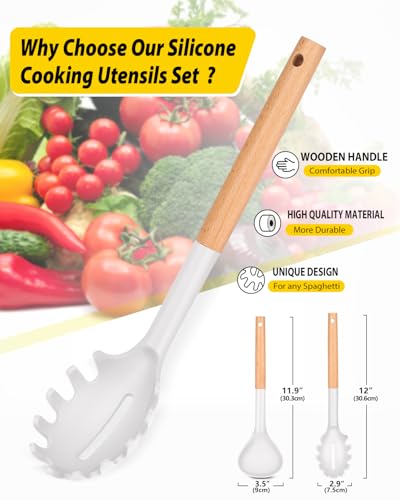 Silicone Pasta Fork and Ladle Spoon Set with Wooden Handle (2 Count)