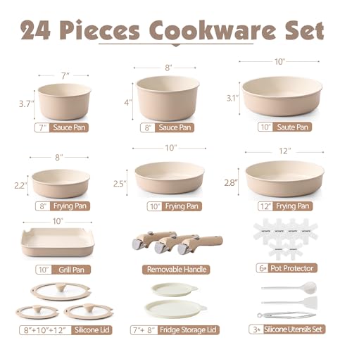 24 Piece Ceramic Detachable Handle Pots and Pans Set Almond Beige