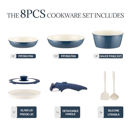 8Pcs Pots and Pans Set Nonstick Ceramic Cookware Set Removable Handle Induction Kitchen Cooking Set with Frying Pans and Sauce Pan