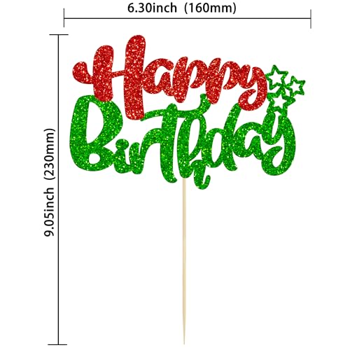 1Pcs Happy Birthday Cake Topper Glitter Happy Birthday Cake Pick for Christmas Theme Baby Shower Anniversary Party Decorations Supplies Red Green