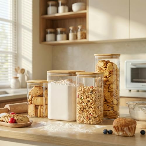Square Glass Jars with Bamboo Lids 30 FL OZ [Set of 6] (6 Count)