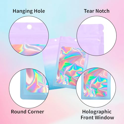 200 Pack Resealable Mylar Holographic Bags Food Storage Smell Proof Bags with Front Window Foil Packaging Pouch for Candy Sample Jewelry Small Business 3.54×6.29 Inch (200 Count)