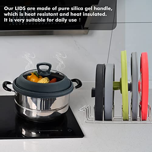 Tall Microwave Splatter Cover Glass Cover Guard Lid 7 inch Height with Collapsible Silicone for Food Pot Plate 10 inch Grey