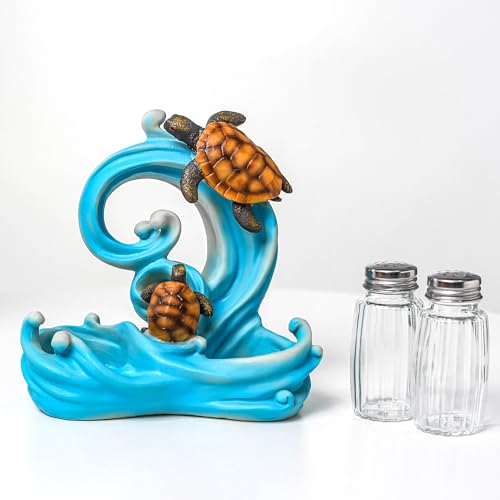 Resin Ocean Sea Turtle Salt And Pepper Shakers Set Holder with Glass Spice Jars (2 Count)