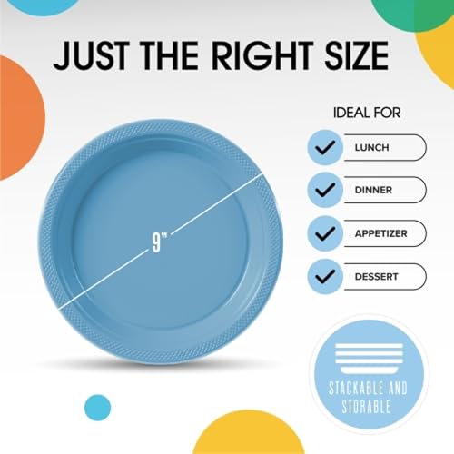 Sturdy Light Blue Plastic Plates 9" Party Plates 100 Pcs (100 Count)
