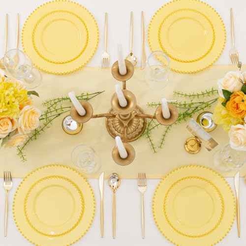 100pcs Elegant Yellow Plastic Plates with Gold Beaded for Wedding (100 Count)