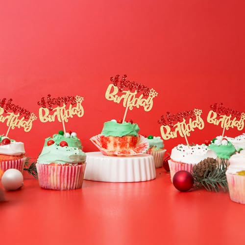 24Pcs Happy Birthday Cupcake Toppers Double Layer Glitter Happy Birthday Cake Decorations for Christmas Theme Baby Shower Anniversary Party Decorations Supplies Red Gold (24 Count)