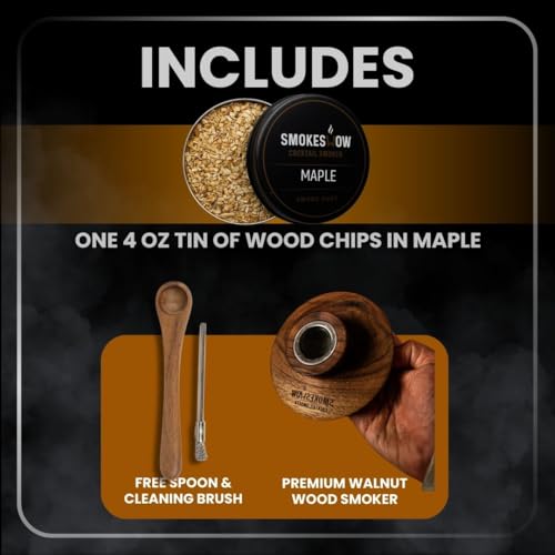 Premium Walnut Wood Cocktail Smoker with One 4 oz Tin of Wood Chips. Great for Whiskey & Old Fashion. Coated in Safe Food Natural Beeswax