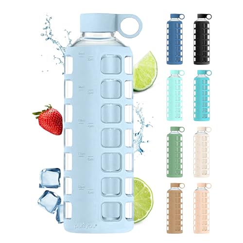 40oz / 32oz / 22oz / 12oz Borosilicate Glass Water Bottle with Time & Volume Markers, Silicone Sleeve, Stainless Steel Lid | Reusable Glass Bottle for Water & Juice (40oz Ice Blue)