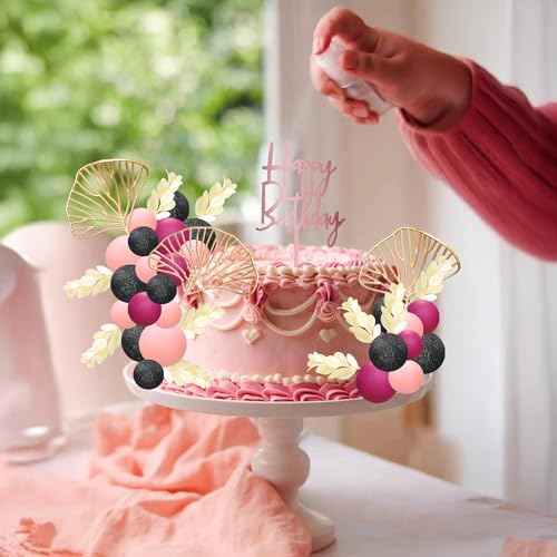 57Pcs Balls Cake Topper Boho Grass Cake topper Pearl Balls Acrylic Happy Birthday Cake Decorations for Wedding Baby Shower Birthday Boho Themed Party Supplies Black Pink Rose Red (57 Count)
