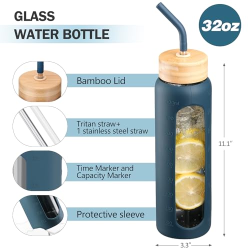32oz Glass Water Bottle with Straw and 2 Lids