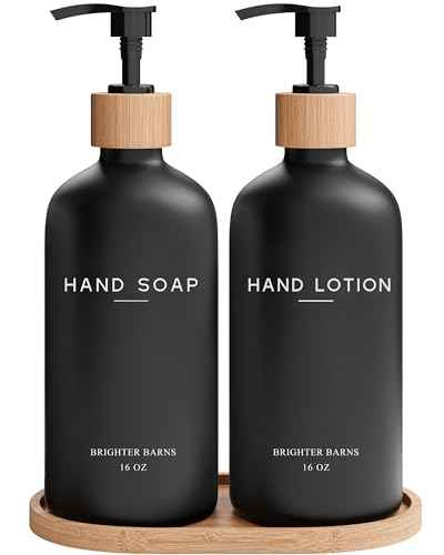Black Glass Soap and Lotion Dispenser Set with Tray by Brighter Barns (2 Count)