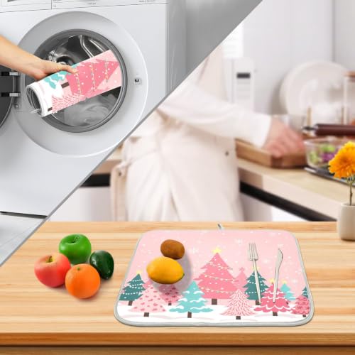 Christmas Tree Pink Dish Drying Mat for Kitchen Counter Absorbent Microfiber Small Drying Pad Winter White Snowflake Xmas Dish Mats for Kitchen Countertops 16 x 18 Inch